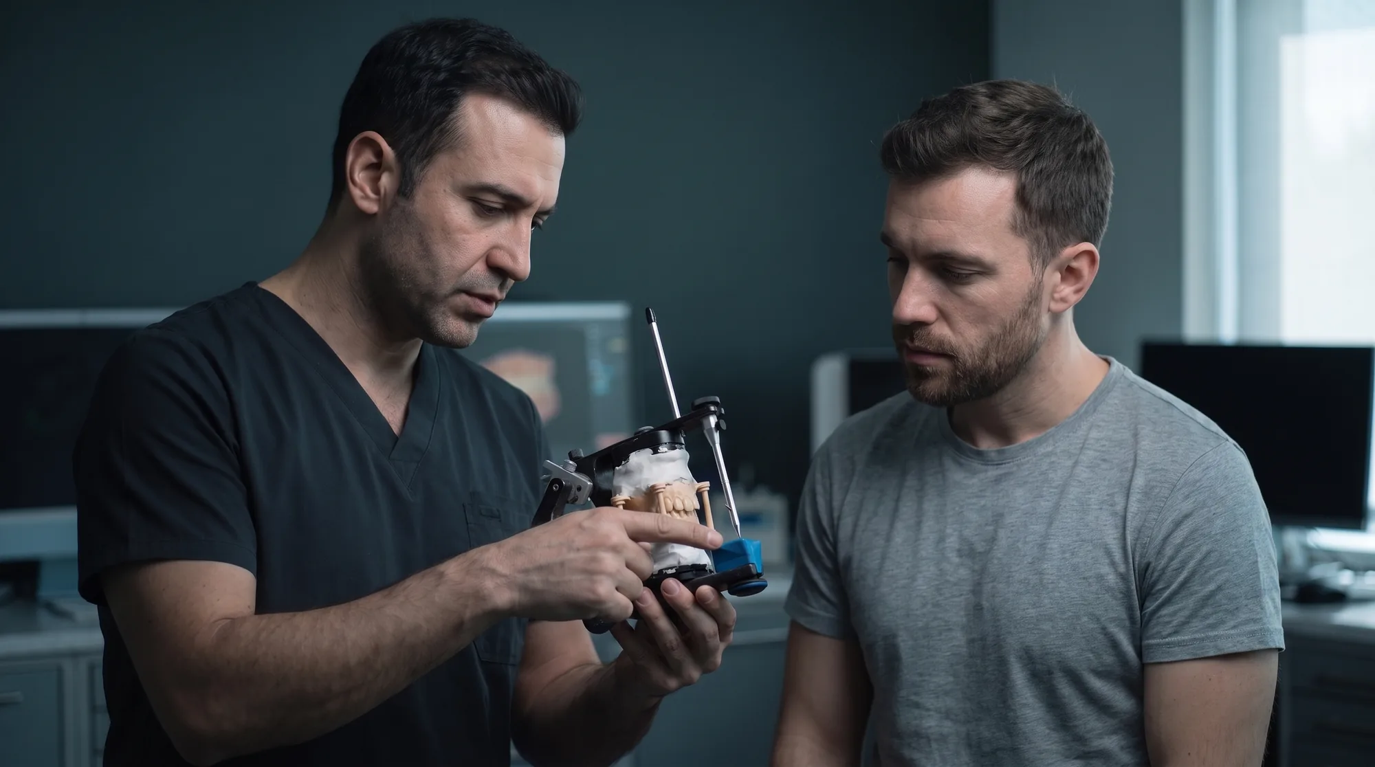 Dental technician showing a printed model mounted on an articulator to a colleague